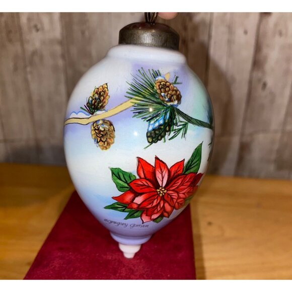 Bent Brush Art Signed Hand-Painted Cardinal Poinsettia Glass Christmas Ornament - Picture 2 of 10